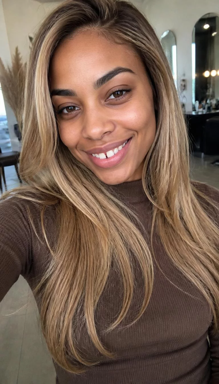 Cashmere Beige Blonde selfie of a 32-year-old Afro-Caribbean woman with a diamond face, tan, broad nose, thick natural eyebrows, and heart-shaped lips. Her face features gap between front teeth, faint under-eye shadows, and subtle natural facial asymmetry. She has hooded dark brown eyes, pronounced cheekbones, broad smile, playful. She is petite and is wearing a Brown Knit Top with cashmere beige blonde long flowing hair, soft window light, hair salon