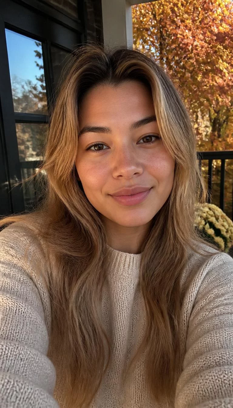 Golden Honey Nectar Highlights selfie of a 26-year-old Latina woman with a oblong face, dark brown, upturned nose, thick natural eyebrows, and full lips. Her face features widow's peak hairline, light freckles, and subtle natural facial asymmetry. She has monolid dark brown eyes, soft cheekbones, subtle smile, relaxed. She is average and is wearing a Beige Sweater with golden honey blonde long layered hair, warm indoor lighting, fall outdoor background