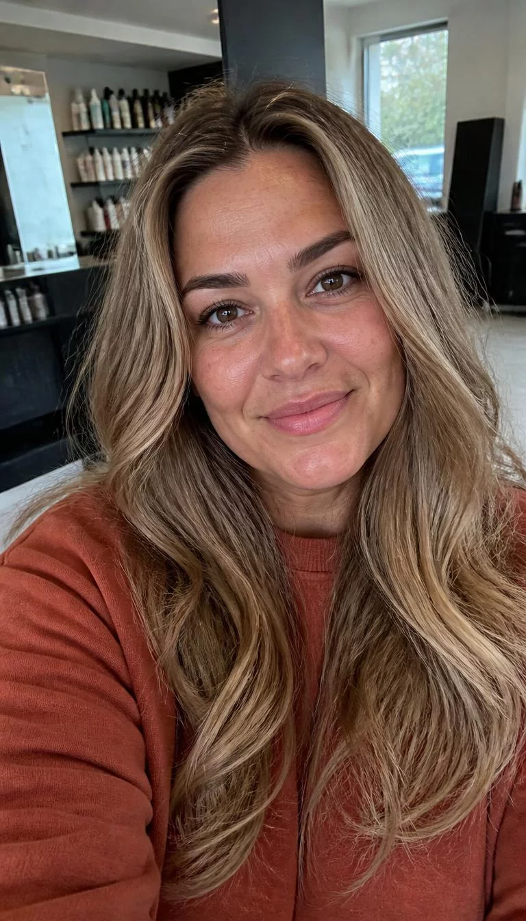 Cinnamon Sugar Bronde selfie of a 38-year-old Northern European woman with a oval face, tan, button nose, thick natural eyebrows, and full lips. Her face features widow's peak hairline, visible pores, and subtle natural facial asymmetry. She has round dark brown eyes, soft cheekbones, broad smile, thoughtful. She is plus-size and is wearing a Rust Crewneck Sweatshirt with cinnamon sugar blonde long wavy hair, overcast daylight, hair salon