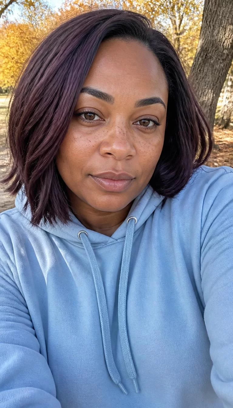 Smoked Plum Brunette selfie of a 35-year-old Afro-Caribbean woman with a round face, dark brown, broad nose, thick natural eyebrows, and full lips. Her face features faint freckles across the nose, light freckles, and subtle natural facial asymmetry. She has almond-shaped brown eyes, pronounced cheekbones, neutral expression, relaxed. She is curvy and is wearing a Light Blue Hoodie with smoked plum purple-tinted dark bob hair, bright natural daylight, fall outdoor background