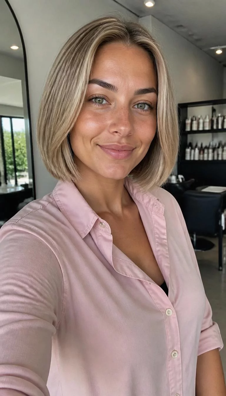 Oatmeal Cookie Blonde selfie of a 27-year-old Eastern European woman with a heart-shaped face, tan, button nose, straight eyebrows, and thin lips. Her face features dimples, light freckles, and subtle natural facial asymmetry. She has hooded green eyes, rounded cheeks, neutral expression, cheerful. She is athletic and is wearing a Blush Pink Button-Up Shirt with oatmeal cookie beige blonde bob hair, overcast daylight, hair salon