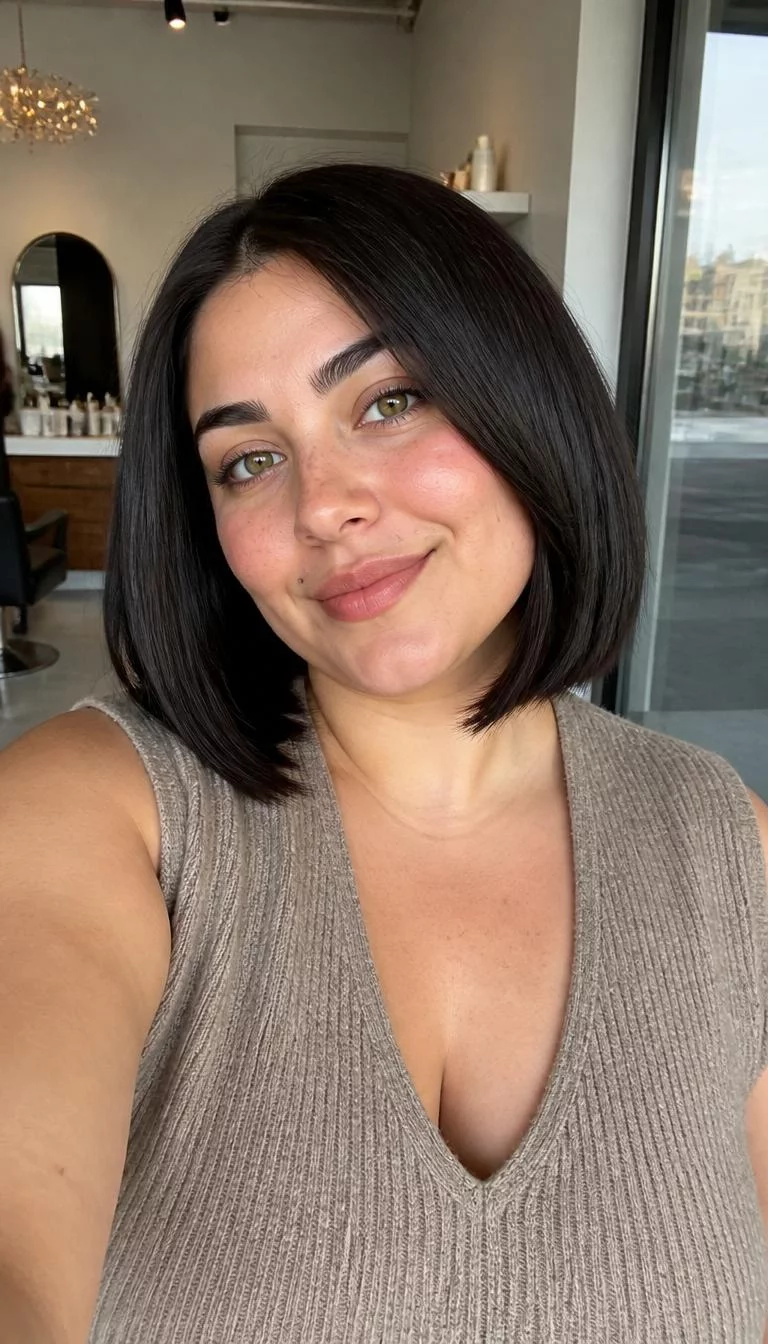 Velvet Espresso Gloss selfie of a 31-year-old Middle Eastern woman with a round face, light, upturned nose, thick natural eyebrows, and heart-shaped lips. Her face features beauty mark near the lip, light freckles, and subtle natural facial asymmetry. She has upturned green eyes, rounded cheeks, closed-mouth smile, playful. She is curvy and is wearing a Taupe Sweater Vest with dark velvet espresso brown sleek blunt bob hair, overcast daylight, hair salon