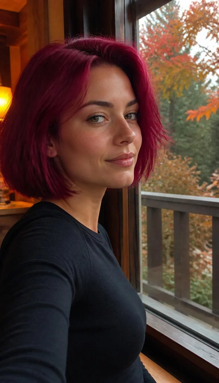Cranberry Sauce Melt A side photo selfie of a 23-year-old Southern European woman with a square face, golden brown, button nose, softly curved eyebrows, and thin lips. Her face features faint freckles across the nose, a few laugh lines, and subtle natural facial asymmetry. She has monolid hazel eyes, rounded cheeks, subtle smile, thoughtful. She is slim and is wearing a Black Long Sleeve Tee with cranberry sauce bright magenta-red bob hair, warm indoor lighting, fall outdoor background