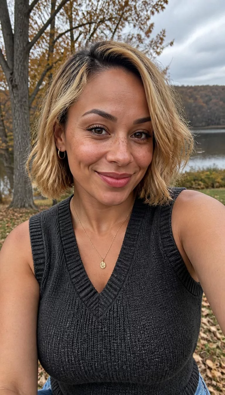 Antique Gold Bob selfie of a 33-year-old Mixed-race woman with a oblong face, golden brown, upturned nose, thin arched eyebrows, and full lips. Her face features faint freckles across the nose, a few laugh lines, and subtle natural facial asymmetry. She has round dark brown eyes, pronounced cheekbones, broad smile, confident. She is curvy and is wearing a Charcoal Sweater Vest with antique gold muted yellow-blonde bob hair, overcast daylight, fall outdoor background
