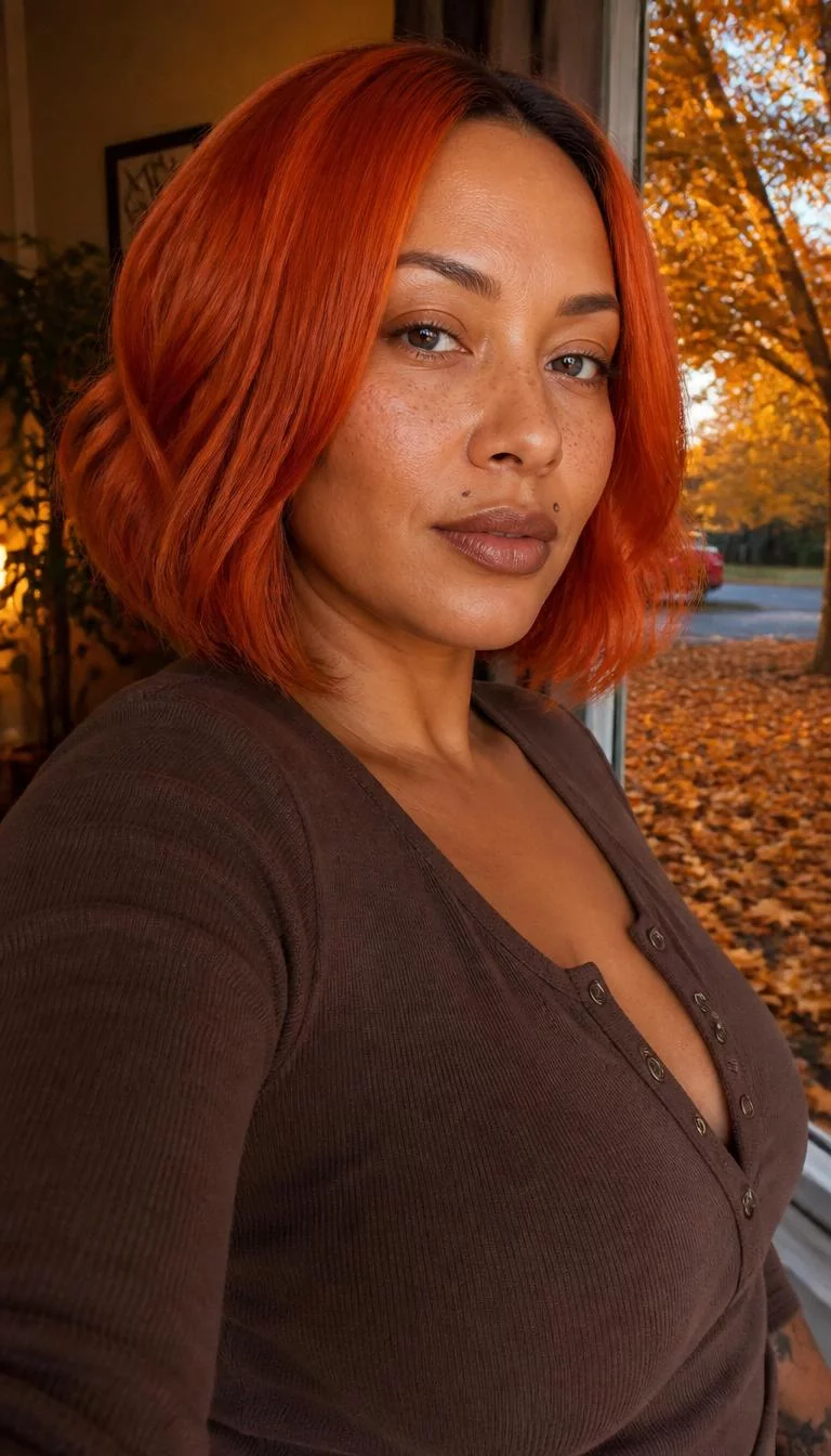 Pumpkin Spice Glow A side photo selfie of a 41-year-old Mixed-race woman with a diamond face, olive, narrow nose, straight eyebrows, and full lips. Her face features beauty mark near the lip, light freckles, and subtle natural facial asymmetry. She has monolid blue eyes, high cheekbones, neutral expression, confident. She is curvy and is wearing a Brown Henley Shirt with pumpkin spice bright orange-red bob hair, warm indoor lighting, fall outdoor background