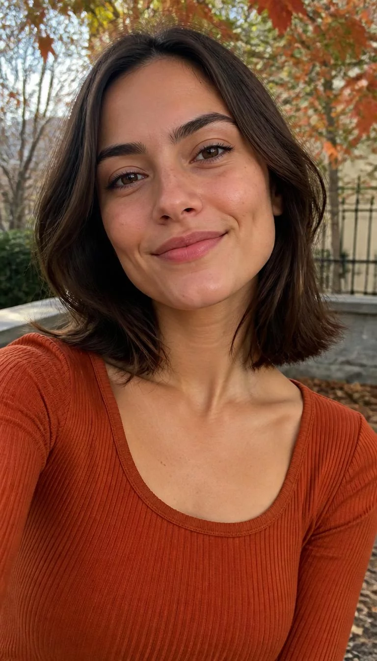 Chestnut Roast Highlights selfie of a 24-year-old Southern European woman with a square face, golden brown, narrow nose, thick natural eyebrows, and heart-shaped lips. Her face features dimples, subtle acne marks, and subtle natural facial asymmetry. She has upturned brown eyes, pronounced cheekbones, closed-mouth smile, confident. She is slim and is wearing a Burnt Orange Ribbed Top with chestnut brown highlights on a chocolate bob hair, soft window light, fall outdoor background