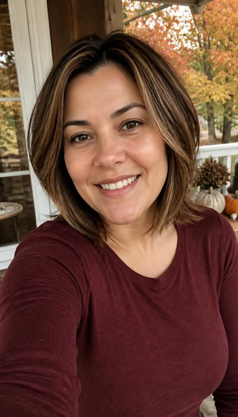 Toasted Marshmallow Highlights selfie of a 38-year-old Latina woman with a heart-shaped face, fair, straight nose, thick natural eyebrows, and thin lips. Her face features widow's peak hairline, faint under-eye shadows, and subtle natural facial asymmetry. She has monolid dark brown eyes, high cheekbones, broad smile, confident. She is average and is wearing a Burgundy Long Sleeve Tee with toasted marshmallow creamy blonde highlights on brown layered bob hair, warm indoor lighting, fall outdoor background