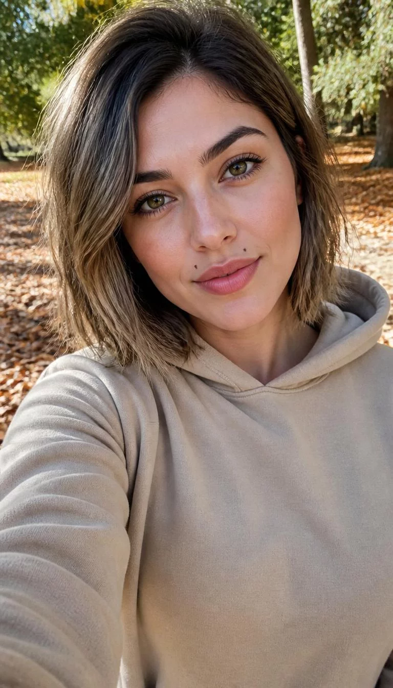 Olive Wood Ash selfie of a 28-year-old Mediterranean woman with a diamond face, fair, rounded nose, straight eyebrows, and full lips. Her face features beauty mark near the lip, visible pores, and subtle natural facial asymmetry. She has hooded amber eyes, high cheekbones, closed-mouth smile, confident. She is curvy and is wearing a Beige Hoodie with olive wood ash dark blonde bob hair, bright natural daylight, fall outdoor background