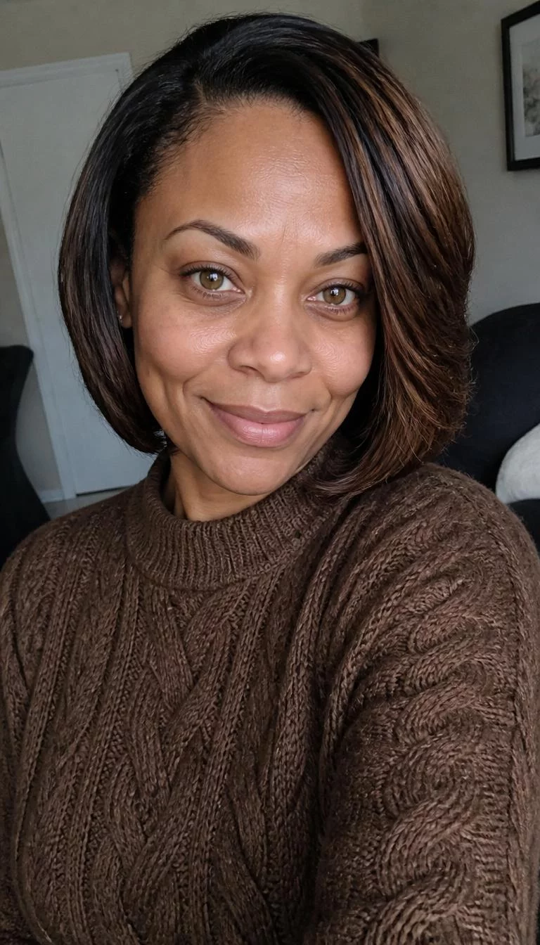 Salted Caramel Swirl selfie of a 41-year-old Afro-Caribbean woman with a pear-shaped face, tan, broad nose, thin arched eyebrows, and full lips. Her face features dimples, faint under-eye shadows, and subtle natural facial asymmetry. She has deep-set amber eyes, pronounced cheekbones, subtle smile, confident. She is slim and is wearing a Brown Cable Knit Sweater with salted caramel golden highlights on dark brown bob hair, overcast daylight, indoor