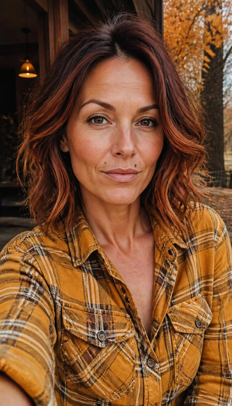 selfie of a 44-year-old Northern European woman with a heart-shaped face, tan, narrow nose, feathered eyebrows, and thin lips. Her face features beauty mark near the lip, subtle acne marks, and subtle natural facial asymmetry. She has upturned dark brown eyes, pronounced cheekbones, neutral expression, cheerful. She is athletic and is wearing a Mustard Yellow Flannel Shirt with spiced apple cider orange and copper balayage wavy bob hair, warm indoor lighting, fall outdoor background