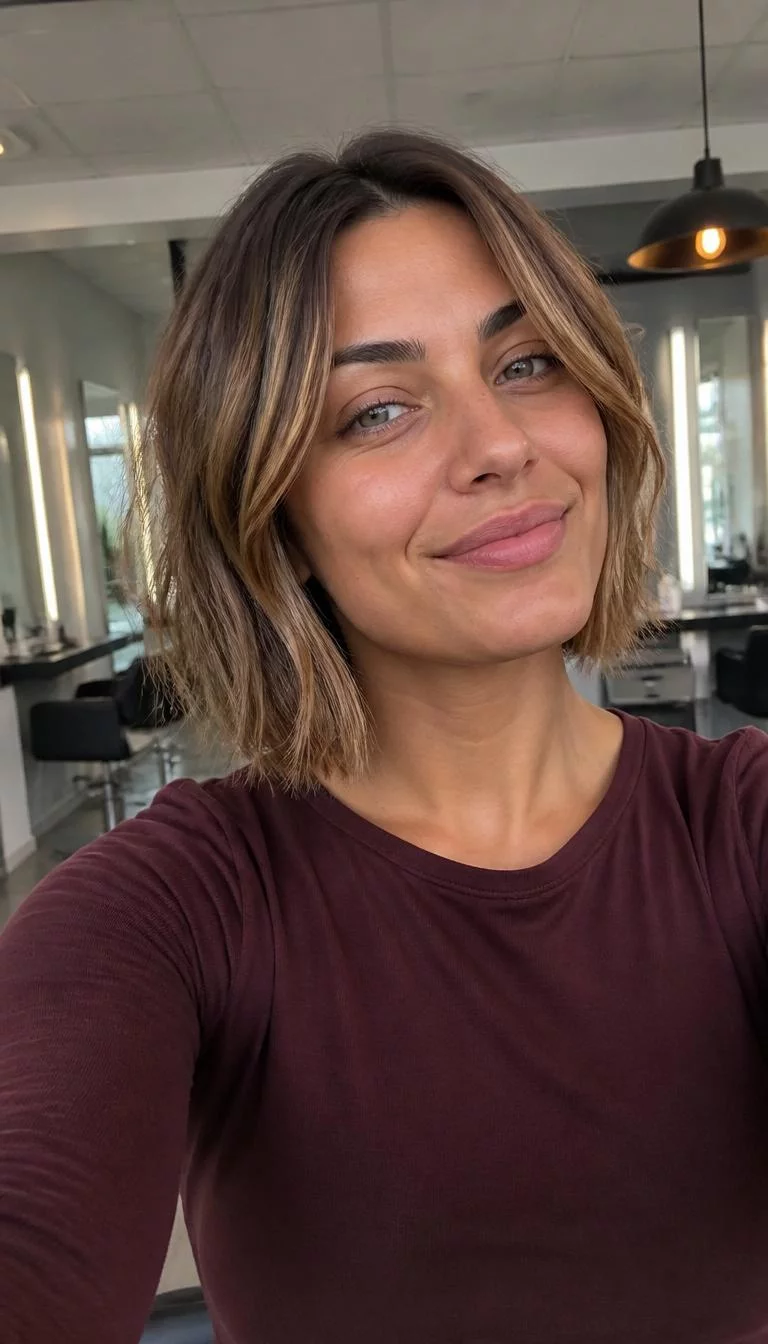 Caramel Chai Swirl selfie of a 26-year-old Mediterranean woman with a square face, deep brown, broad nose, thin arched eyebrows, and full lips. Her face features slightly crooked smile, faint under-eye shadows, and subtle natural facial asymmetry. She has deep-set gray eyes, high cheekbones, subtle smile, cheerful. She is petite and is wearing a Burgundy Long Sleeve Tee with caramel chai light brown balayage bob hair, overcast daylight, hair salon