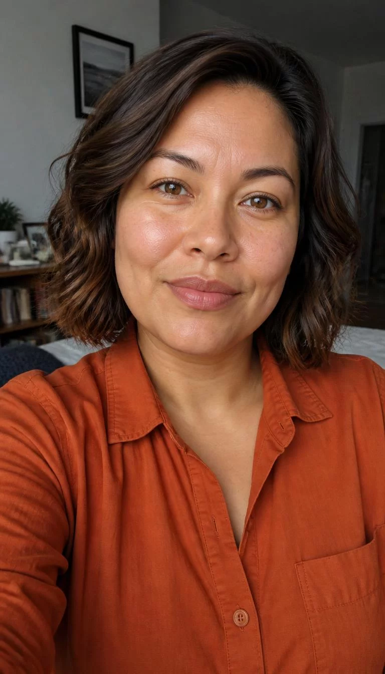 Pecan Pie Balayage selfie of a 35-year-old Latina woman with a round face, dark brown, button nose, straight eyebrows, and wide lips. Her face features dimples, light freckles, and subtle natural facial asymmetry. She has monolid amber eyes, pronounced cheekbones, subtle smile, confident. She is average and is wearing a Burnt Orange Oxford Shirt with pecan pie nutty brown balayage bob hair, overcast daylight, indoor
