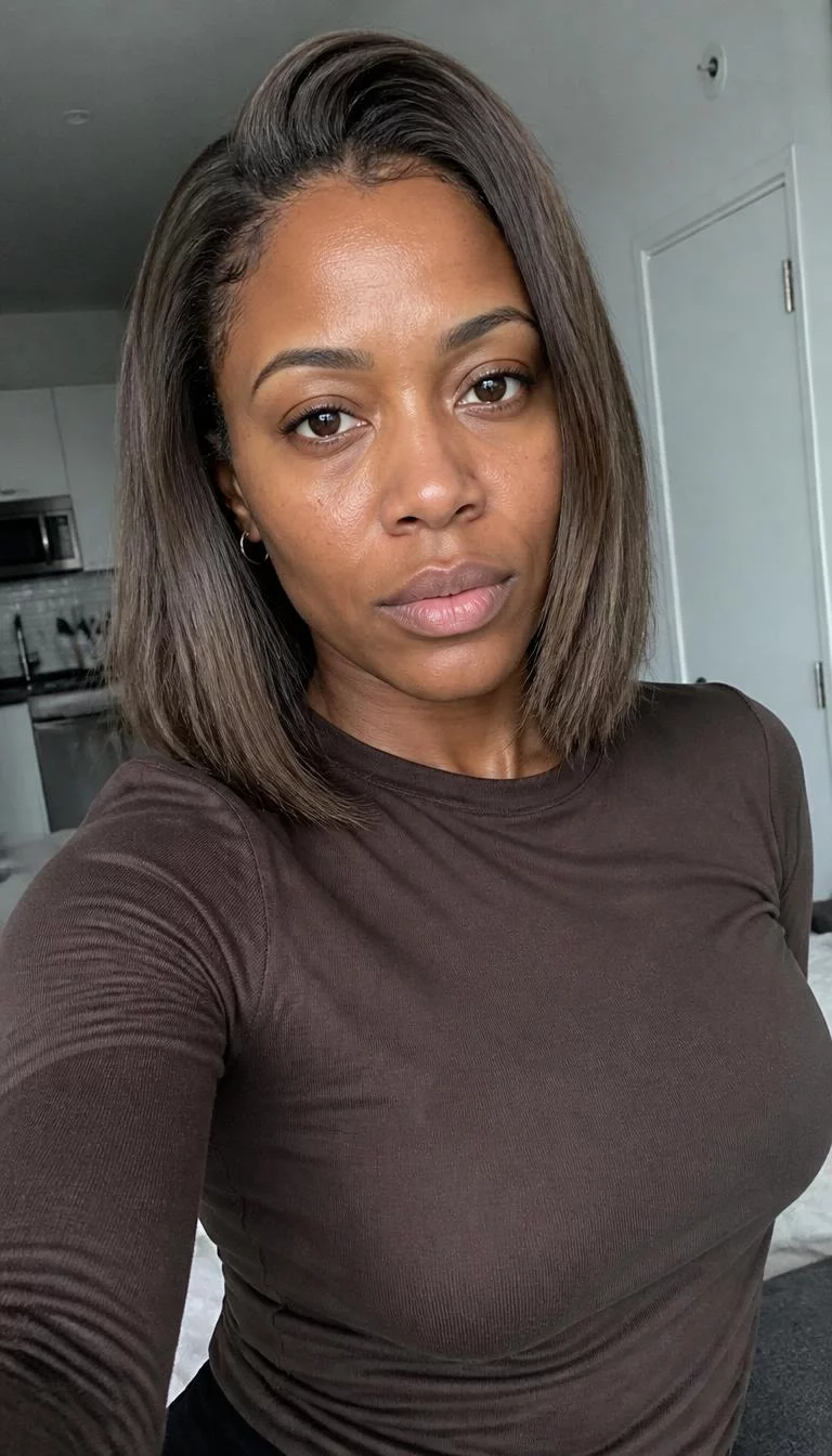 Mushroom Brown Lob selfie of a 33-year-old Afro-Caribbean woman with a oblong face, golden brown, broad nose, straight eyebrows, and heart-shaped lips. Her face features widow's peak hairline, visible pores, and subtle natural facial asymmetry. She has almond-shaped brown eyes, pronounced cheekbones, neutral expression, confident. She is athletic and is wearing a Chocolate Brown Long Sleeve Tee with mushroom brown ash-toned long bob hair, overcast daylight, indoor