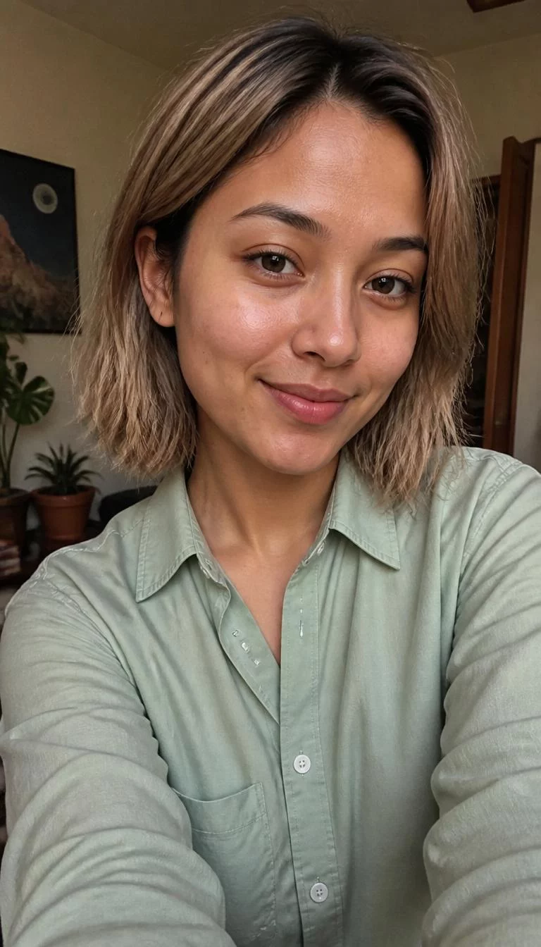 Muted Honey Bronde selfie of a 24-year-old South Asian woman with a oblong face, golden brown, upturned nose, straight eyebrows, and thin lips. Her face features widow's peak hairline, faint under-eye shadows, and subtle natural facial asymmetry. She has monolid brown eyes, rounded cheeks, closed-mouth smile, playful. She is slim and is wearing a Sage Green Oxford Shirt with muted honey blonde and light brown lived-in bob hair, warm indoor lighting, indoor