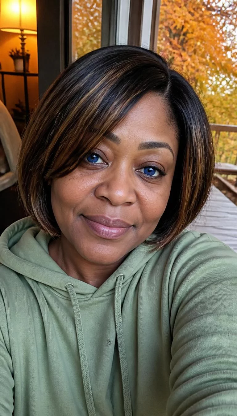 Maple Syrup Highlights selfie of a 46-year-old Black African woman with a square face, light, upturned nose, feathered eyebrows, and wide lips. Her face features uneven eyebrows, faint under-eye shadows, and subtle natural facial asymmetry. She has monolid blue eyes, soft cheekbones, subtle smile, confident. She is petite and is wearing a Sage Green Hoodie with maple syrup golden-brown highlights on a dark bob hair, warm indoor lighting, fall outdoor background