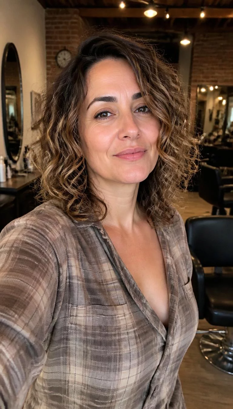 Butterscotch Ribbon Curls selfie of a 43-year-old Mediterranean woman with a oblong face, fair, button nose, feathered eyebrows, and heart-shaped lips. Her face features slightly crooked smile, a few laugh lines, and subtle natural facial asymmetry. She has downturned dark brown eyes, pronounced cheekbones, neutral expression, playful. She is curvy and is wearing a Taupe Flannel Shirt with butterscotch yellow-blonde highlights on curly bob hair, warm indoor lighting, hair salon