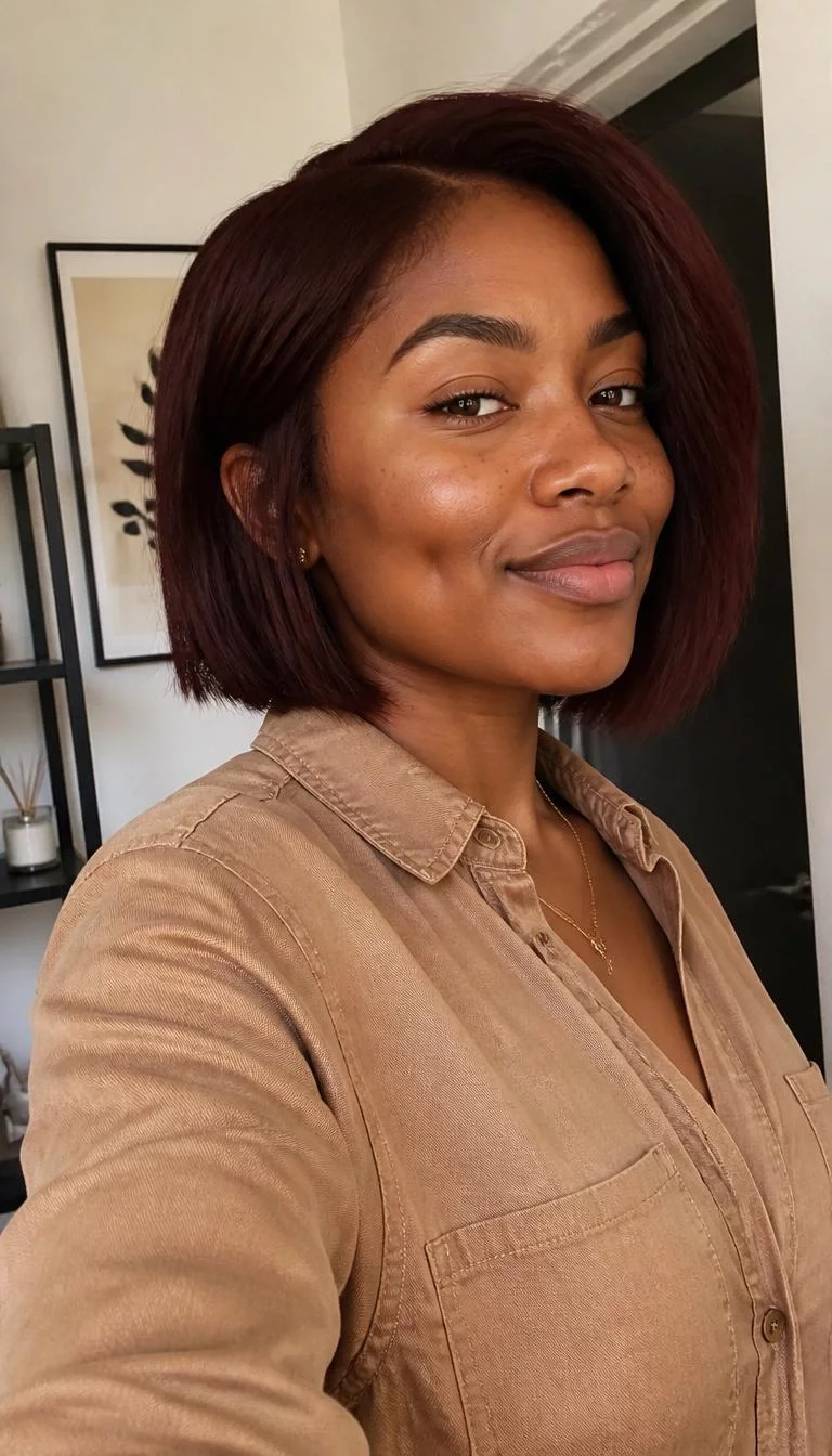 Russet Leaf Red A side photo selfie of a 32-year-old Black African woman with a diamond face, dark brown, upturned nose, thick natural eyebrows, and wide lips. Her face features dimples, light freckles, and subtle natural facial asymmetry. She has monolid amber eyes, soft cheekbones, closed-mouth smile, confident. She is petite and is wearing a Camel Chambray Shirt with russet leaf deep brownish-red bob hair, warm indoor lighting, indoor