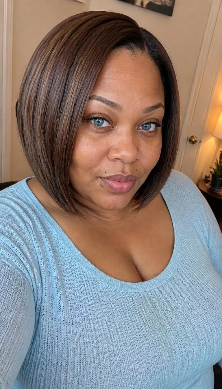 Frosted Walnut Brown selfie of a 38-year-old Afro-Caribbean woman with a round face, light, straight nose, softly curved eyebrows, and full lips. Her face features beauty mark near the lip, visible pores, and subtle natural facial asymmetry. She has deep-set blue eyes, soft cheekbones, neutral expression, playful. She is plus-size and is wearing a Light Blue Knit Top with frosted walnut cool brown bob hair, warm indoor lighting, indoor