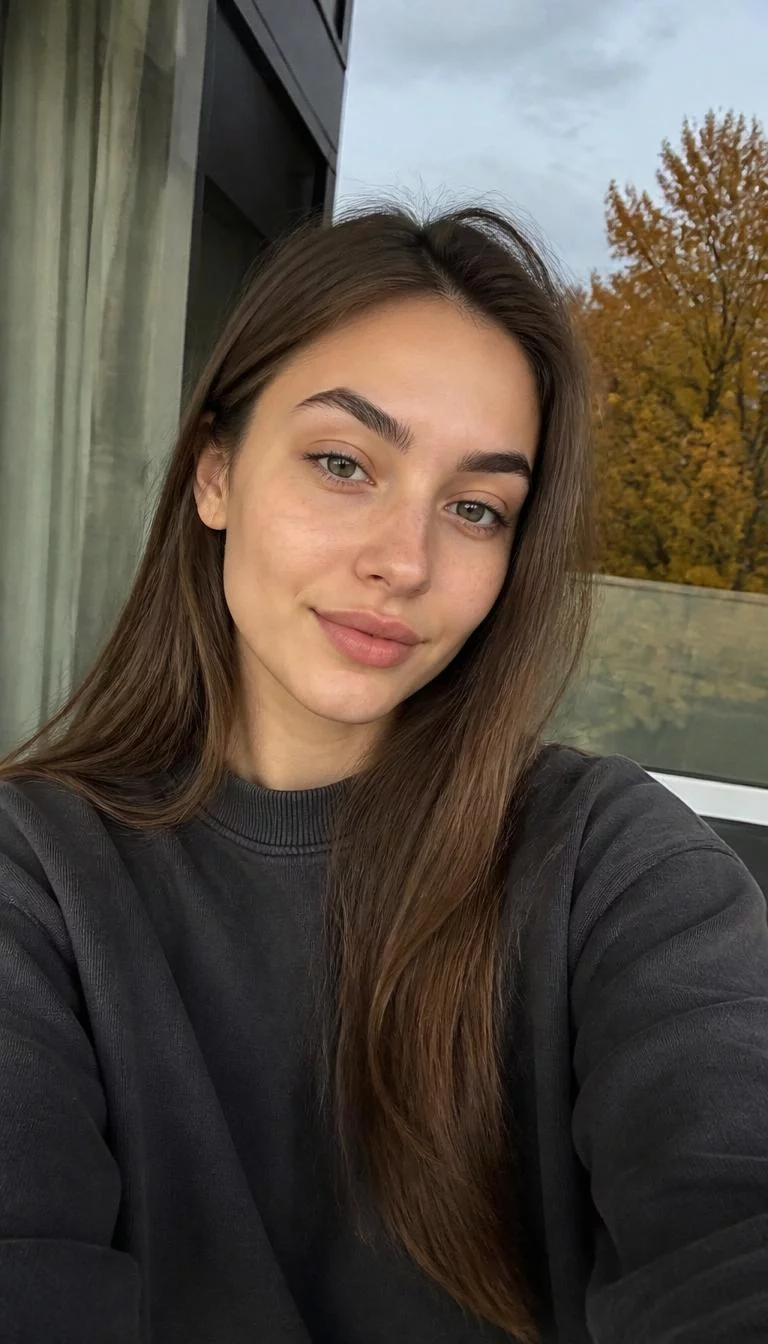 Naked Walnut selfie of a 24-year-old Eastern European woman with a pear-shaped face, deep brown, aquiline nose, thick natural eyebrows, and wide lips. Her face features small scar on the eyebrow, light freckles, and subtle natural facial asymmetry. She has monolid gray eyes, soft cheekbones, subtle smile, relaxed. She is slim and is wearing a Charcoal Crewneck Sweatshirt with light neutral brown long straight hair, soft window light, fall outdoor background