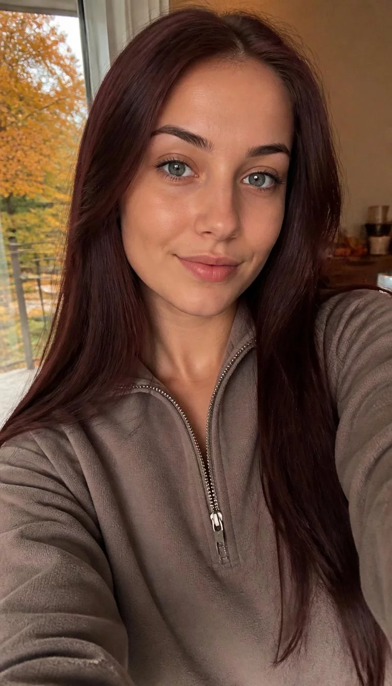 Rich Mahogany Wood selfie of a 25-year-old Eastern European woman with a oblong face, golden brown, rounded nose, straight eyebrows, and heart-shaped lips. Her face features small scar on the eyebrow, faint under-eye shadows, and subtle natural facial asymmetry. She has deep-set gray eyes, high cheekbones, neutral expression, cheerful. She is average and is wearing a Taupe Quarter-Zip Pullover with deep reddish brown long sleek hair, warm indoor lighting, fall outdoor background