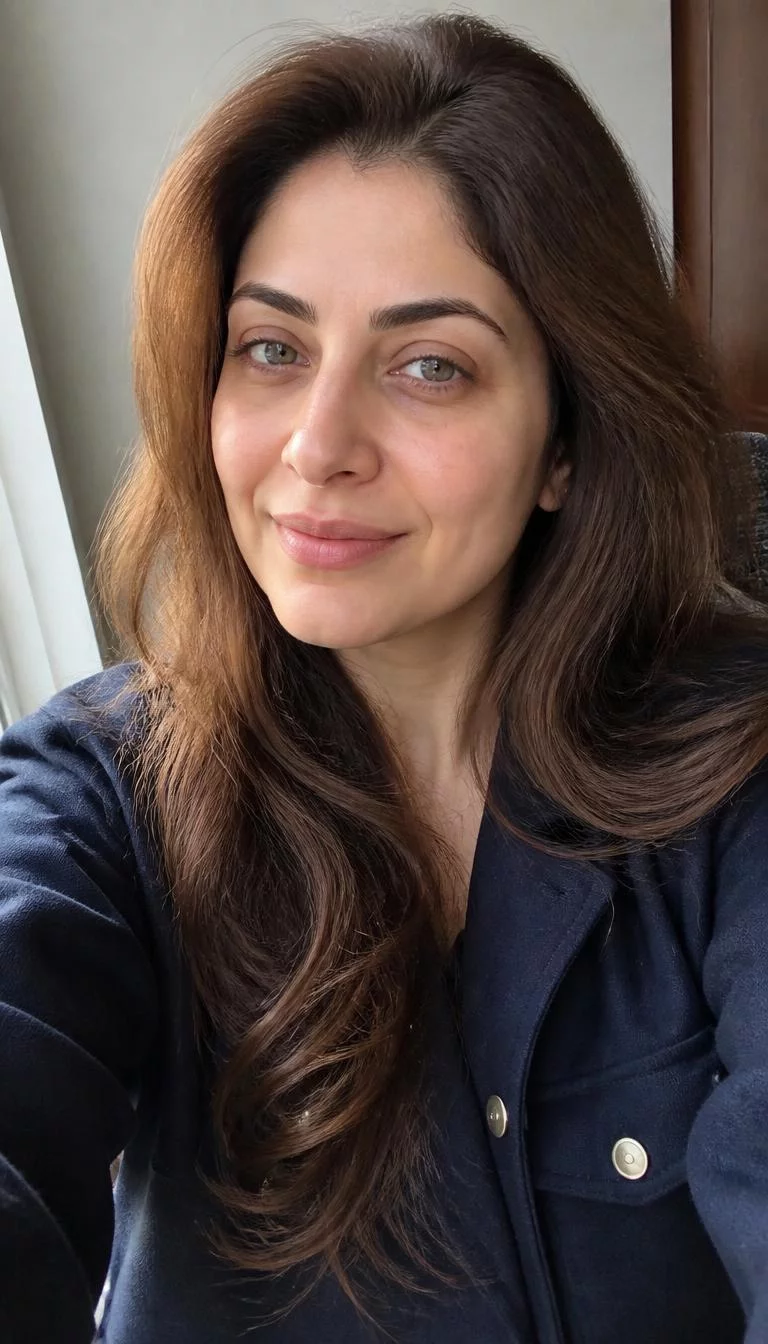 Amber Ale Brunette selfie of a 32-year-old Middle Eastern woman with a diamond face, fair, broad nose, feathered eyebrows, and heart-shaped lips. Her face features widow's peak hairline, faint under-eye shadows, and subtle natural facial asymmetry. She has downturned gray eyes, rounded cheeks, subtle smile, confident. She is petite and is wearing a Navy Shacket with medium warm brown with orange-gold reflects long wavy hair, soft window light, indoor