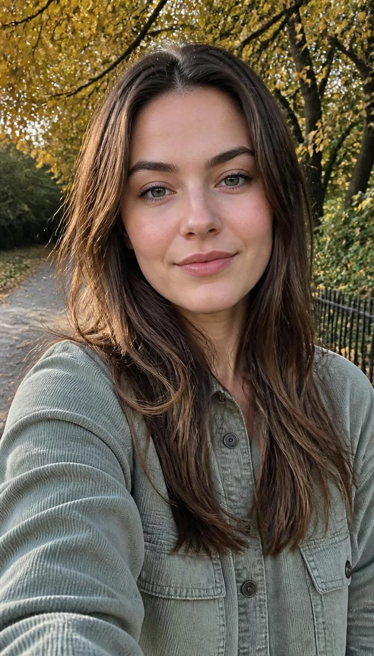 Salted Caramel Swirls selfie of a 28-year-old Northern European woman with a square face, dark brown, straight nose, softly curved eyebrows, and heart-shaped lips. Her face features slightly crooked smile, subtle acne marks, and subtle natural facial asymmetry. She has almond-shaped green eyes, rounded cheeks, neutral expression, confident. She is slim and is wearing a Sage Green Shacket with medium brown with honey caramel highlights long layered hair, bright natural daylight, fall outdoor background