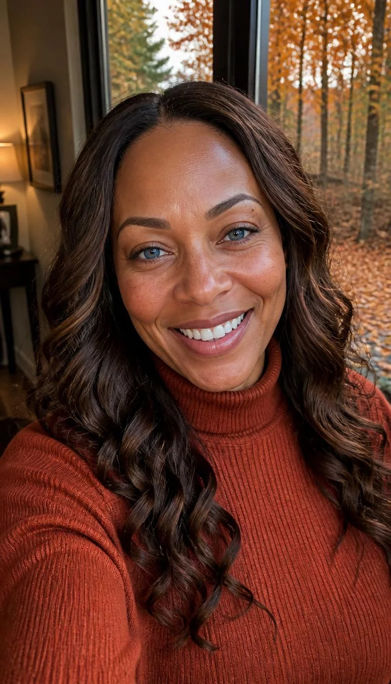 Velvet Mocha selfie of a 44-year-old Black African woman with a oval face, olive, upturned nose, feathered eyebrows, and thin lips. Her face features small scar on the eyebrow, light freckles, and subtle natural facial asymmetry. She has hooded blue eyes, high cheekbones, broad smile, cheerful. She is average and is wearing a Rust Mock Neck Sweater with neutral medium-dark mocha long curls hair, warm indoor lighting, fall outdoor background