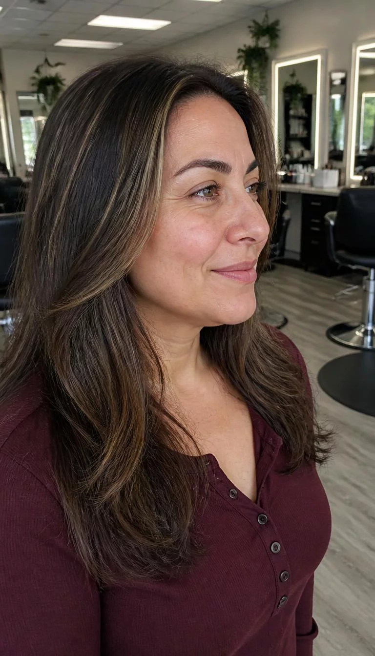Espresso Bean Pecan A side shot photo of a 42-year-old Mediterranean woman with a round face, deep brown, rounded nose, thick natural eyebrows, and wide lips. Her face features small scar on the eyebrow, a few laugh lines, and subtle natural facial asymmetry. She has monolid hazel eyes, high cheekbones, closed-mouth smile, confident. She is petite and is wearing a Burgundy Henley Shirt with dark brown with light brown face framing long hair, overcast daylight, hair salon
