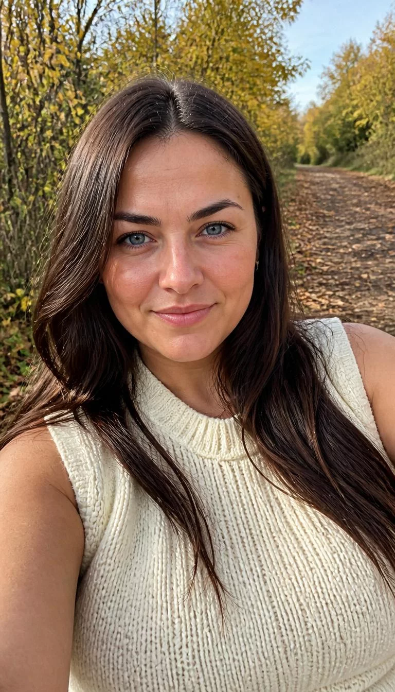 Gilded Chocolate selfie of a 32-year-old Eastern European woman with a pear-shaped face, tan, narrow nose, straight eyebrows, and thin lips. Her face features small scar on the eyebrow, slightly flushed cheeks, and subtle natural facial asymmetry. She has round blue eyes, rounded cheeks, closed-mouth smile, confident. She is plus-size and is wearing a Cream Sweater Vest with dark chocolate brown with thin gold highlights long hair, bright natural daylight, fall outdoor background