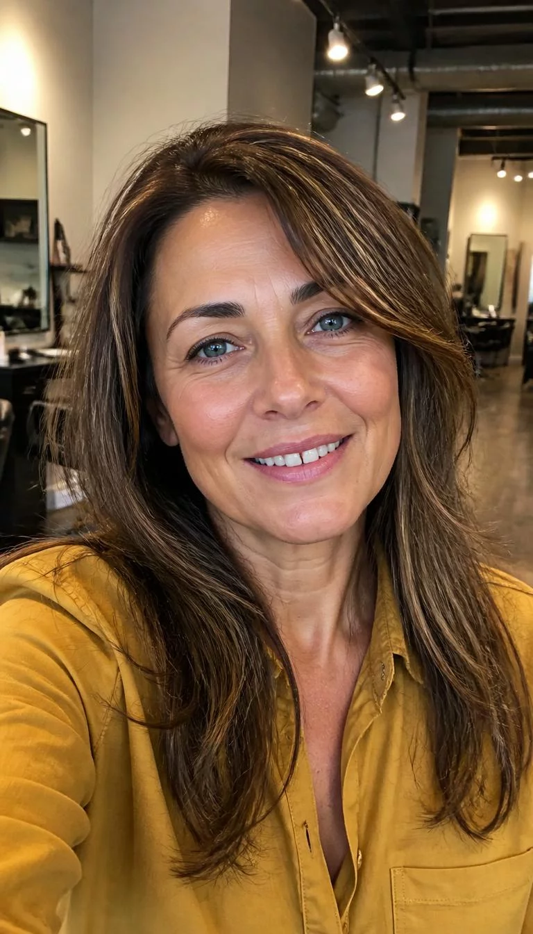 Toffee Nut Cracker selfie of a 48-year-old Southern European woman with a heart-shaped face, dark brown, button nose, thin arched eyebrows, and wide lips. Her face features gap between front teeth, slightly flushed cheeks, and subtle natural facial asymmetry. She has hooded blue eyes, soft cheekbones, subtle smile, confident. She is petite and is wearing a Mustard Yellow Chambray Shirt with medium brown with warm beige highlights long hair, warm indoor lighting, hair salon