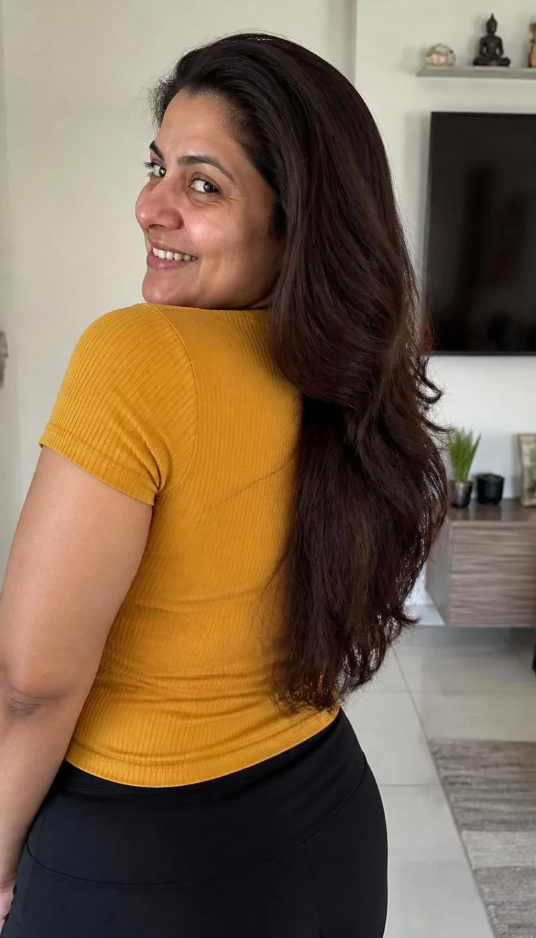 Dark Cocoa Ribboning A back shot photo of a 40-year-old South Asian woman with a round face, olive, upturned nose, thin arched eyebrows, and thin lips. Her face features widow's peak hairline, visible pores, and subtle natural facial asymmetry. She has upturned brown eyes, high cheekbones, broad smile, playful. She is athletic and is wearing a Mustard Yellow Ribbed Top with deep dark brown with slightly lighter brown ribbons long hair, bright natural daylight, indoor