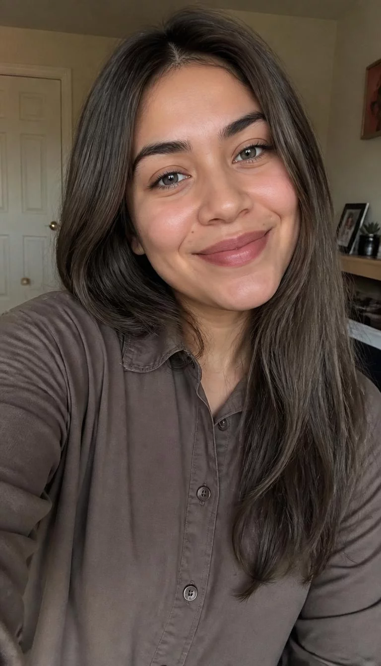 Smoky Cedar selfie of a 25-year-old Latina woman with a round face, olive, straight nose, feathered eyebrows, and wide lips. Her face features beauty mark near the lip, faint under-eye shadows, and subtle natural facial asymmetry. She has hooded gray eyes, soft cheekbones, broad smile, cheerful. She is average and is wearing a Taupe Oxford Shirt with medium cool ash brown with gray undertones long hair, warm indoor lighting, indoor