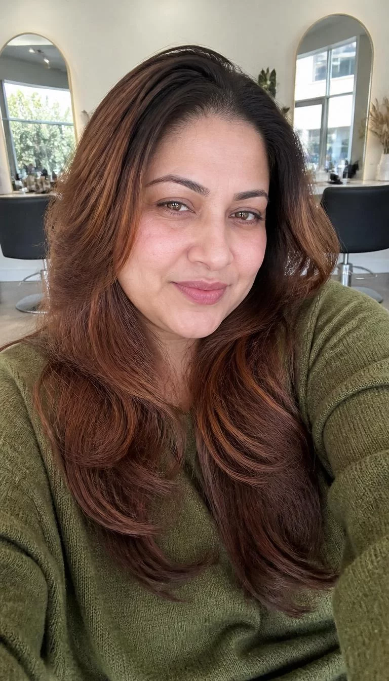 Cinnamon Swirl Brunette selfie of a 48-year-old South Asian woman with a heart-shaped face, fair, straight nose, thin arched eyebrows, and full lips. Her face features small scar on the eyebrow, visible pores, and subtle natural facial asymmetry. She has hooded amber eyes, high cheekbones, subtle smile, thoughtful. She is plus-size and is wearing a Olive Green Oversized Sweater with medium brown with warm cinnamon red highlights long hair, bright natural daylight, hair salon