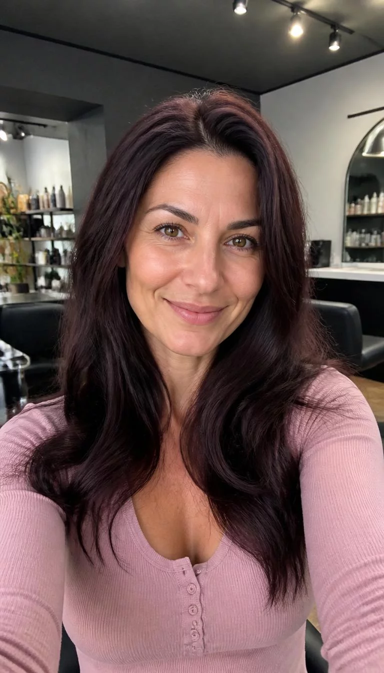 Prune and Chocolate Bloom selfie of a 40-year-old Eastern European woman with a pear-shaped face, deep brown, aquiline nose, feathered eyebrows, and thin lips. Her face features dimples, slightly flushed cheeks, and subtle natural facial asymmetry. She has deep-set amber eyes, high cheekbones, broad smile, cheerful. She is athletic and is wearing a Blush Pink Ribbed Top with dark brown with deep purple undertones long hair, overcast daylight, hair salon