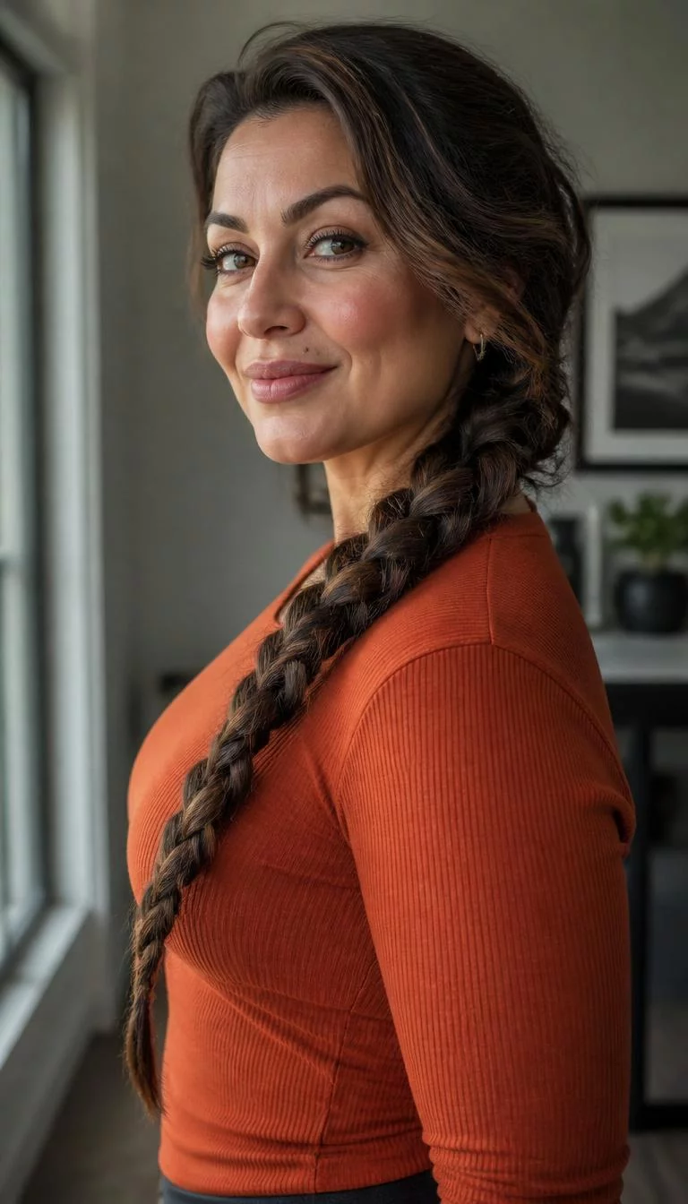 Mushroom Brown Balayage A side shot photo of a 41-year-old Middle Eastern woman with a pear-shaped face, light, broad nose, softly curved eyebrows, and full lips. Her face features beauty mark near the lip, slightly flushed cheeks, and subtle natural facial asymmetry. She has upturned dark brown eyes, high cheekbones, closed-mouth smile, confident. She is athletic and is wearing a Burnt Orange Ribbed Top with cool earthy taupe brown long braided hair, soft window light, indoor