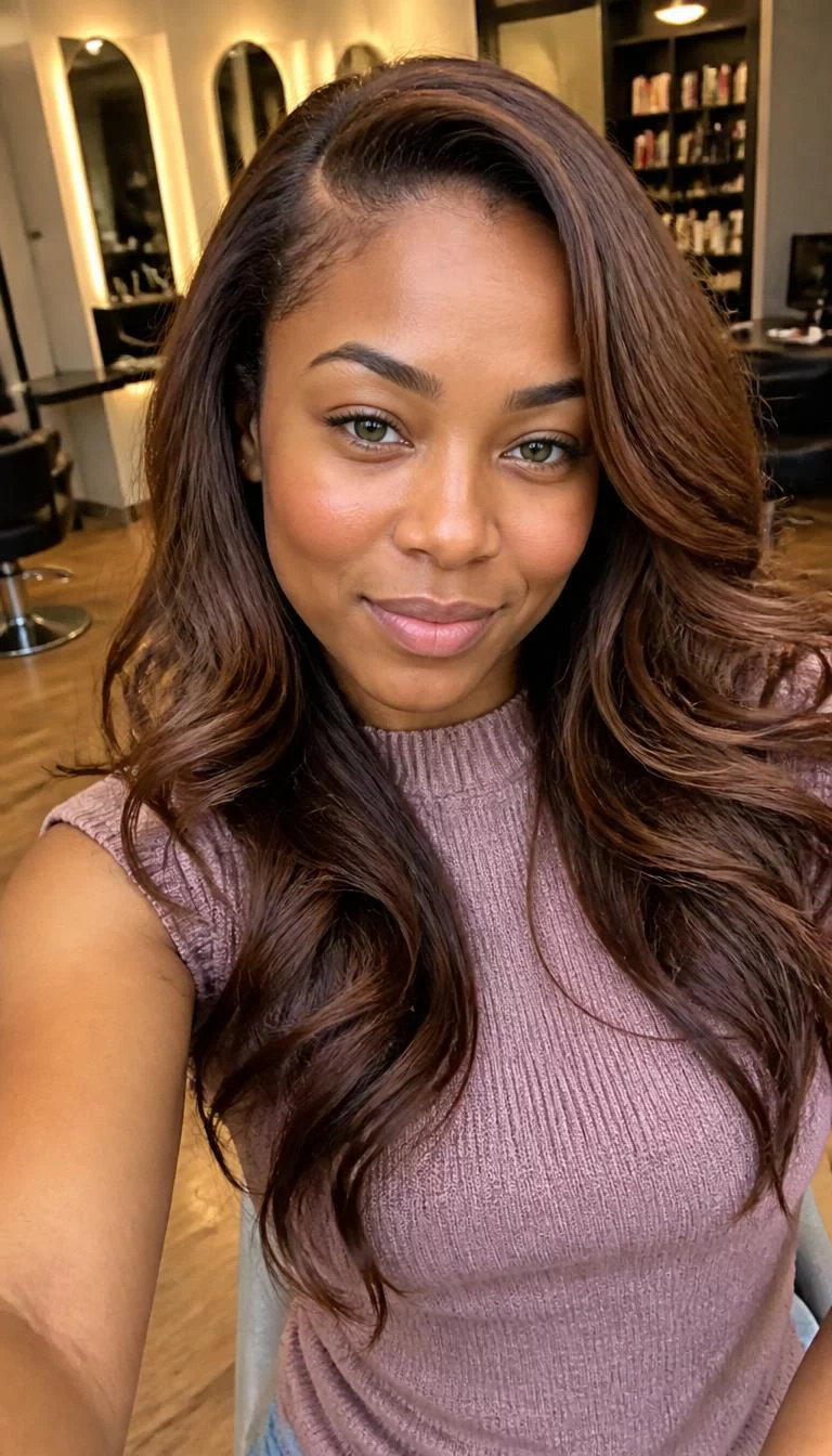 Spiced Cider Balayage selfie of a 32-year-old Black African woman with a oval face, fair, narrow nose, straight eyebrows, and heart-shaped lips. Her face features uneven eyebrows, slightly flushed cheeks, and subtle natural facial asymmetry. She has downturned green eyes, rounded cheeks, closed-mouth smile, relaxed. She is slim and is wearing a Mauve Sweater Vest with warm copper-toned brunette long wavy hair, warm indoor lighting, hair salon