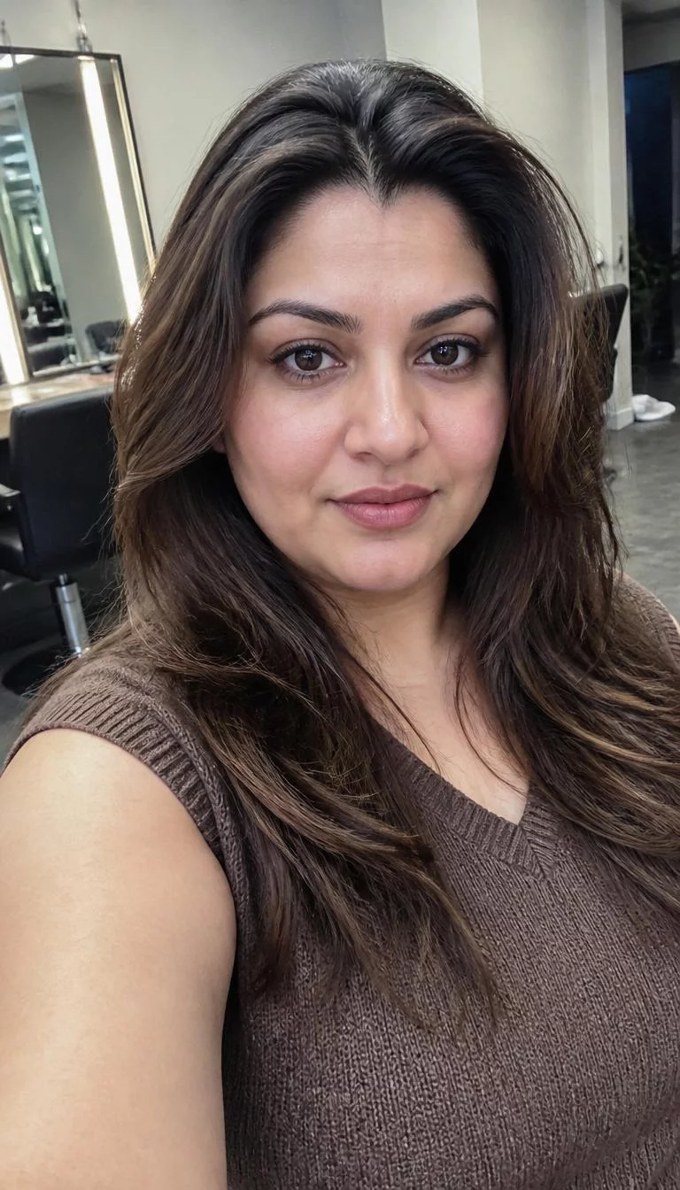 Burnished Bronze Lowlights selfie of a 33-year-old South Asian woman with a heart-shaped face, fair, button nose, softly curved eyebrows, and full lips. Her face features widow's peak hairline, a few laugh lines, and subtle natural facial asymmetry. She has deep-set dark brown eyes, rounded cheeks, neutral expression, confident. She is plus-size and is wearing a Brown Sweater Vest with dark chocolate with metallic bronze long hair, overcast daylight, hair salon