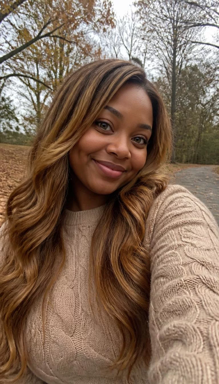 Butterscotch Brunch selfie of a 29-year-old Black African woman with a pear-shaped face, light, upturned nose, thick natural eyebrows, and heart-shaped lips. Her face features dimples, a few laugh lines, and subtle natural facial asymmetry. She has almond-shaped gray eyes, soft cheekbones, broad smile, playful. She is curvy and is wearing a Taupe Cable Knit Sweater with light warm brown with yellow-gold tones long wavy hair, overcast daylight, fall outdoor background