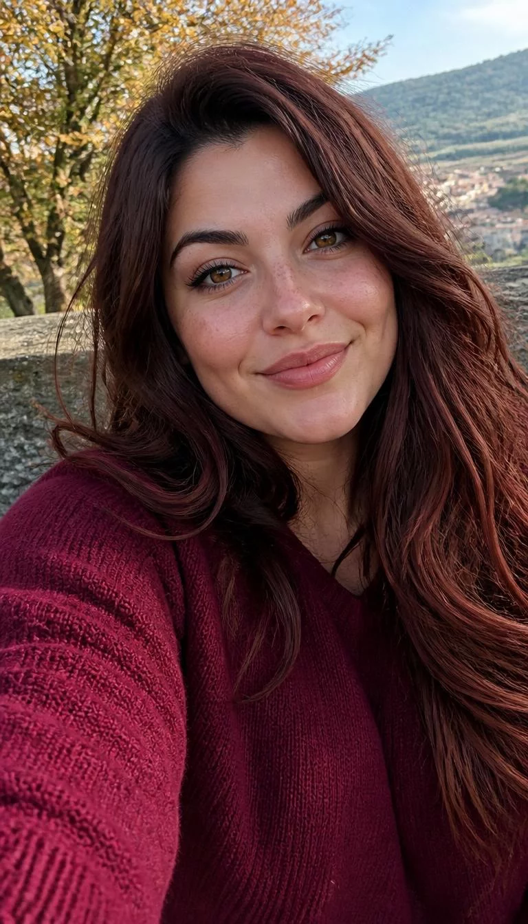 Chestnut Glaze selfie of a 30-year-old Southern European woman with a diamond face, deep brown, narrow nose, thick natural eyebrows, and heart-shaped lips. Her face features slightly crooked smile, light freckles, and subtle natural facial asymmetry. She has upturned amber eyes, rounded cheeks, broad smile, relaxed. She is plus-size and is wearing a Burgundy Oversized Sweater with medium chestnut brown with reddish undertones long wavy hair, bright natural daylight, fall outdoor background