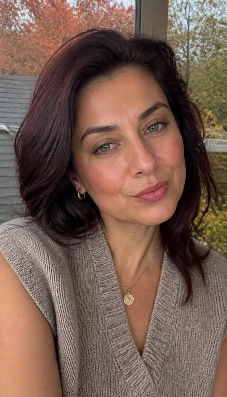 Dark Roast Cherry selfie of a 41-year-old Middle Eastern woman with a diamond face, dark brown, button nose, softly curved eyebrows, and heart-shaped lips. Her face features small scar on the eyebrow, slightly flushed cheeks, and subtle natural facial asymmetry. She has monolid green eyes, high cheekbones, neutral expression, playful. She is average and is wearing a Taupe Sweater Vest with deep black-cherry and dark brown hair, soft window light, fall outdoor background