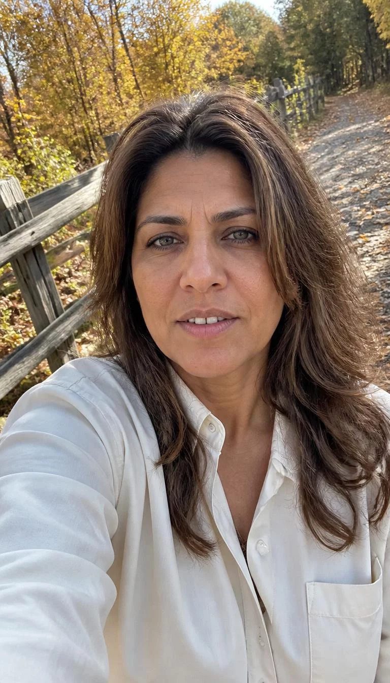Toasted Walnut Ribbons selfie of a 41-year-old South Asian woman with a square face, tan, aquiline nose, straight eyebrows, and thin lips. Her face features gap between front teeth, a few laugh lines, and subtle natural facial asymmetry. She has deep-set gray eyes, soft cheekbones, neutral expression, thoughtful. She is curvy and is wearing a Cream Button-Up Shirt with medium brown and sandy beige layered hair, bright natural daylight, fall outdoor background