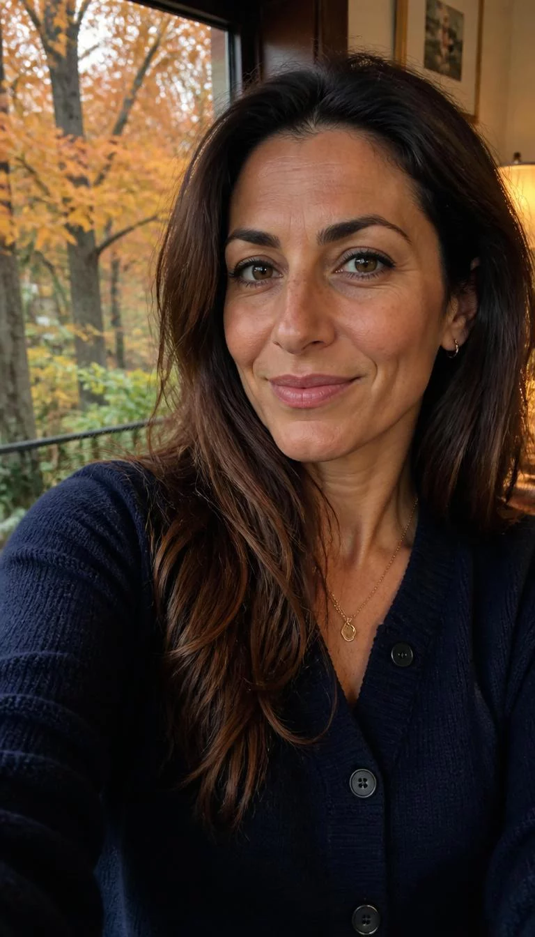 Caramel Macchiato Swirls selfie of a 36-year-old Mediterranean woman with a oval face, dark brown, aquiline nose, thin arched eyebrows, and wide lips. Her face features dimples, light freckles, and subtle natural facial asymmetry. She has deep-set amber eyes, rounded cheeks, closed-mouth smile, thoughtful. She is petite and is wearing a Navy Cardigan with buttery caramel and dark bean long hair, warm indoor lighting, fall outdoor background