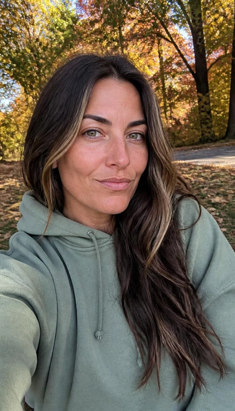 Salted Caramel Face Frame selfie of a 36-year-old Mediterranean woman with a pear-shaped face, dark brown, aquiline nose, softly curved eyebrows, and thin lips. Her face features faint freckles across the nose, visible pores, and subtle natural facial asymmetry. She has monolid green eyes, high cheekbones, neutral expression, playful. She is curvy and is wearing a Sage Green Hoodie with dark brown hair and bright caramel face-framing pieces, bright natural daylight, fall outdoor background