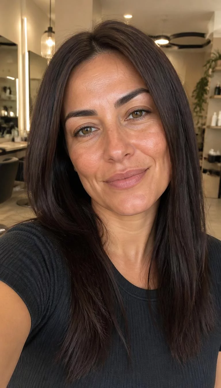 Iced Mocha Gloss selfie of a 39-year-old Southern European woman with a pear-shaped face, tan, straight nose, thick natural eyebrows, and heart-shaped lips. Her face features dimples, light freckles, and subtle natural facial asymmetry. She has downturned hazel eyes, pronounced cheekbones, closed-mouth smile, thoughtful. She is average and is wearing a Charcoal Ribbed Top with cool-toned espresso straight hair, warm indoor lighting, hair salon