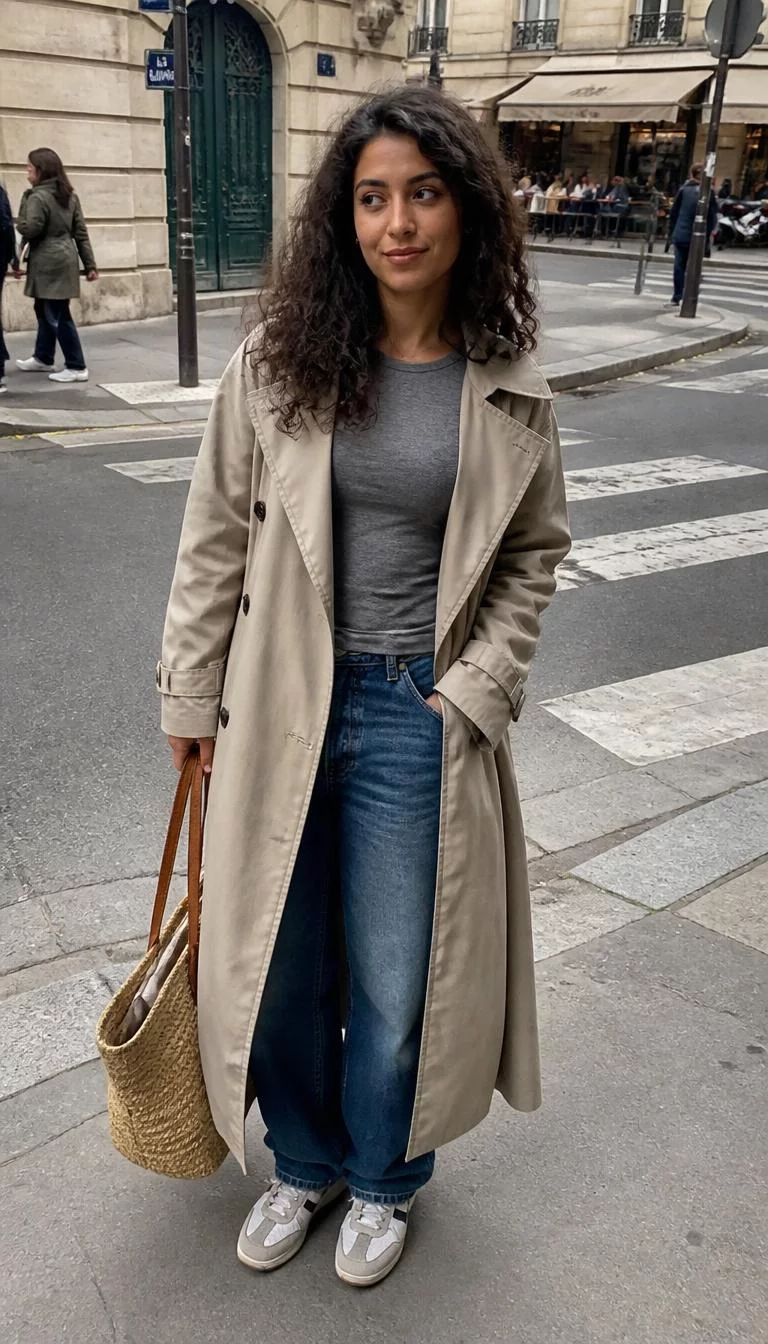 Grey Long Sleeve Shirt With Beige Trench Coat A photorealistic full body shot of a 24-year-old Middle Eastern woman with a oval face, deep brown, rounded nose, softly curved eyebrows, and thin lips. Her face features faint freckles across the nose, faint under-eye shadows, and subtle natural facial asymmetry. She has downturned hazel eyes, soft cheekbones, subtle smile, thoughtful. She is average build with curly dark brown hair and is wearing a grey long-sleeved shirt, jeans, and a beige trench coat, holding a straw tote bag, everyday social media post aesthetic, high-quality mobile photography, shot on an iPhone 14.