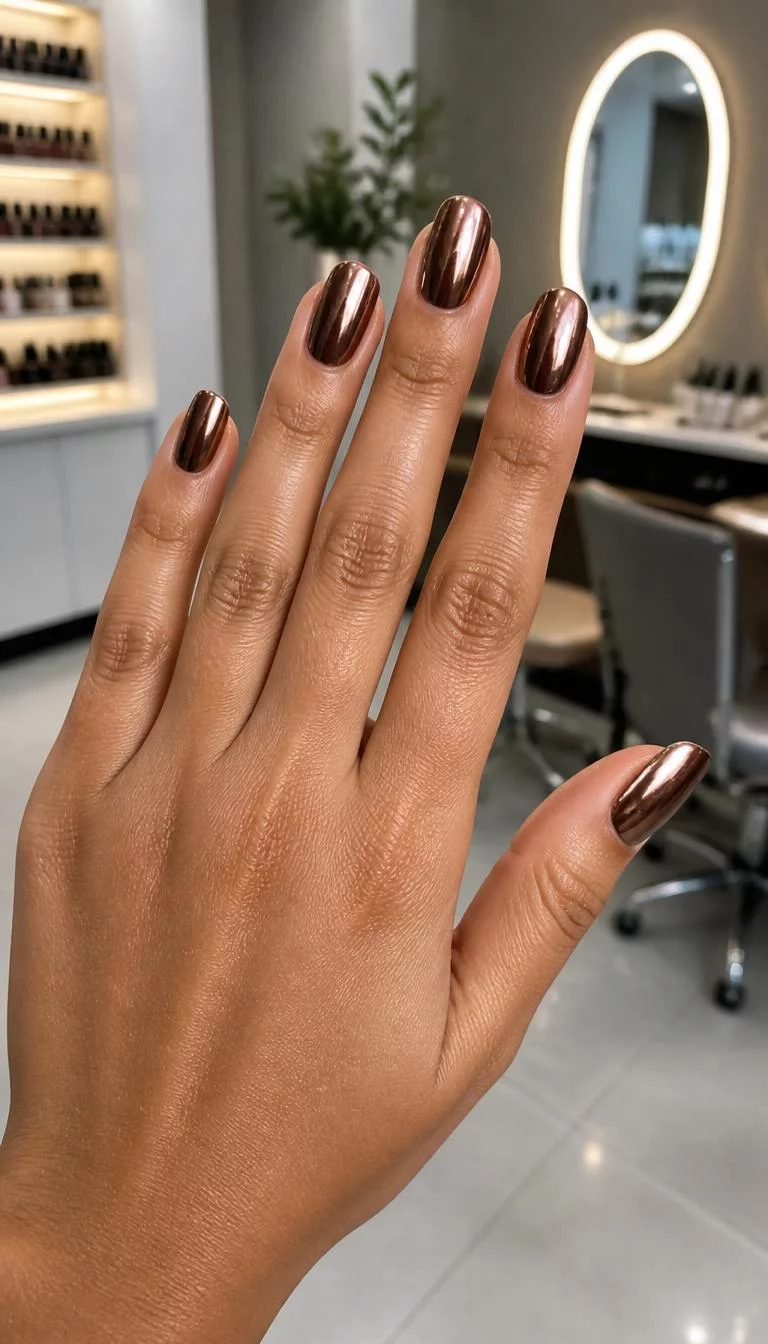 Dark Metallic Bronze Oval Nails A photorealistic close-up shot of a woman's olive skin tone hand with five fingers, showcasing medium-length oval nails featuring a dark metallic bronze chrome, nail salon background
