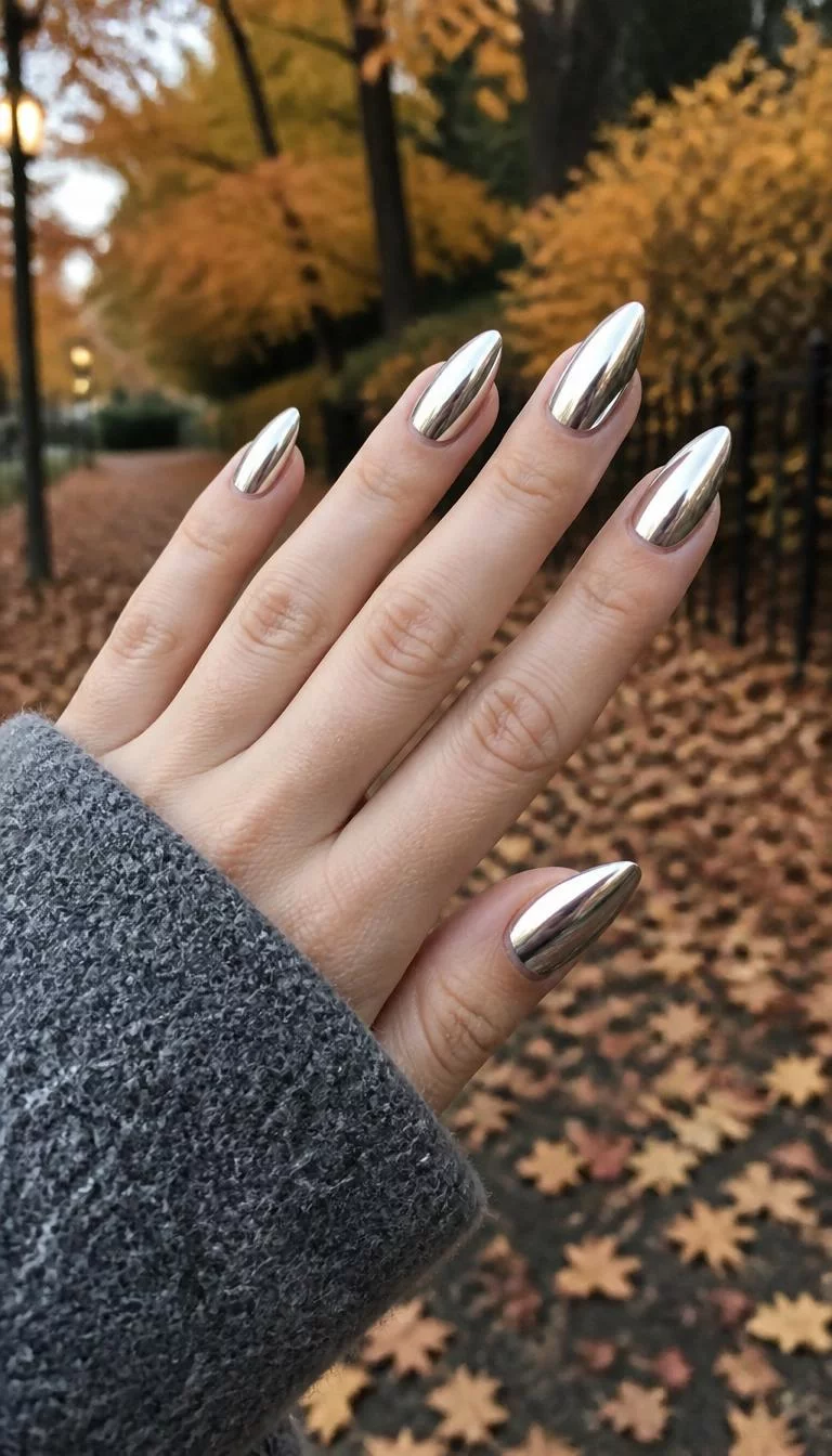 Cool Toned High Shine Silver A photorealistic close-up shot of a woman's fair skin tone hand with five fingers, showcasing stiletto-shaped medium-length nails featuring a cool-toned, metallic silver chrome with a high-shine finish, outdoor fall background