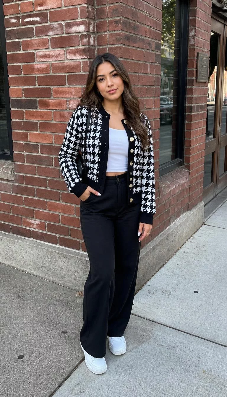 A photorealistic full body shot of a 21-year-old Latina woman with a heart-shaped face, dark brown, upturned nose, softly curved eyebrows, and wide lips. Her face features beauty mark near the lip, slightly flushed cheeks, and subtle natural facial asymmetry. She has almond-shaped dark brown eyes, soft cheekbones, neutral expression, cheerful. She is petite with brown hair styled in loose waves hair and is wearing a black and white houndstooth cardigan, white top, black pants, and white sneakers, in front of a brick building, everyday social media post aesthetic, high-quality mobile photography, shot on an iPhone 14.
