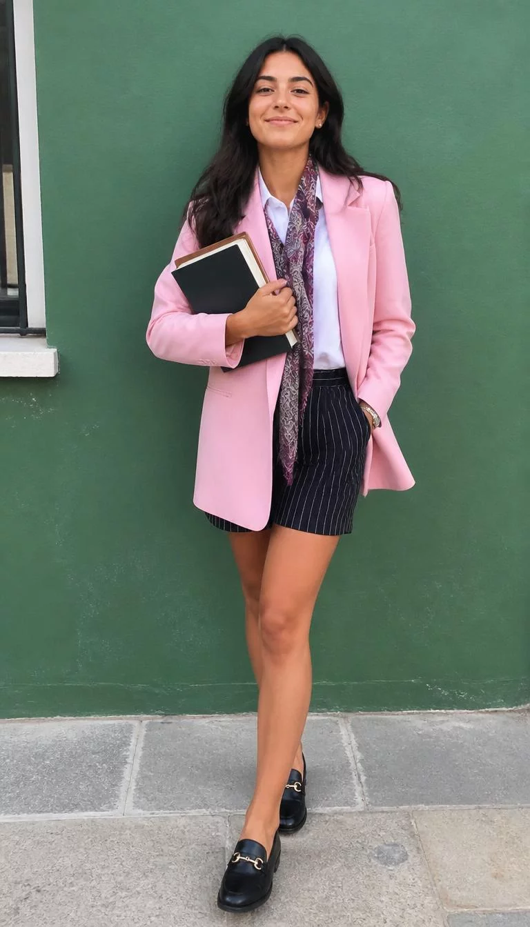 Pink Blazer And Pinstripe Shorts A photorealistic full body shot of a 20-year-old Mediterranean woman with a heart-shaped face, olive, upturned nose, thin arched eyebrows, and wide lips. Her face features gap between front teeth, subtle acne marks, and subtle natural facial asymmetry. She has almond-shaped gray eyes, soft cheekbones, closed-mouth smile, cheerful. She is slim with long dark hair hair and is wearing a pink blazer, white blouse with patterned scarf, and pinstripe shorts, holding books against a green wall, everyday social media post aesthetic, high-quality mobile photography, shot on an iPhone 14.