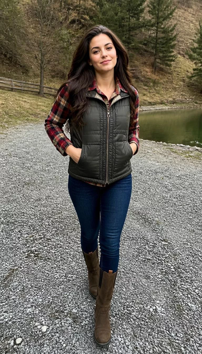 Red Plaid Shirt And Quilted Vest A photorealistic full body shot of a 22-year-old Eastern European woman with a diamond face, deep brown, button nose, thin arched eyebrows, and full lips. Her face features small scar on the eyebrow, visible pores, and subtle natural facial asymmetry. She has upturned amber eyes, high cheekbones, subtle smile, confident. She is athletic build with brown long, wavy hair hair and is wearing a red plaid shirt, a quilted vest, dark wash jeans, and brown boots, walking outside, everyday social media post aesthetic, high-quality mobile photography, shot on an iPhone 14.